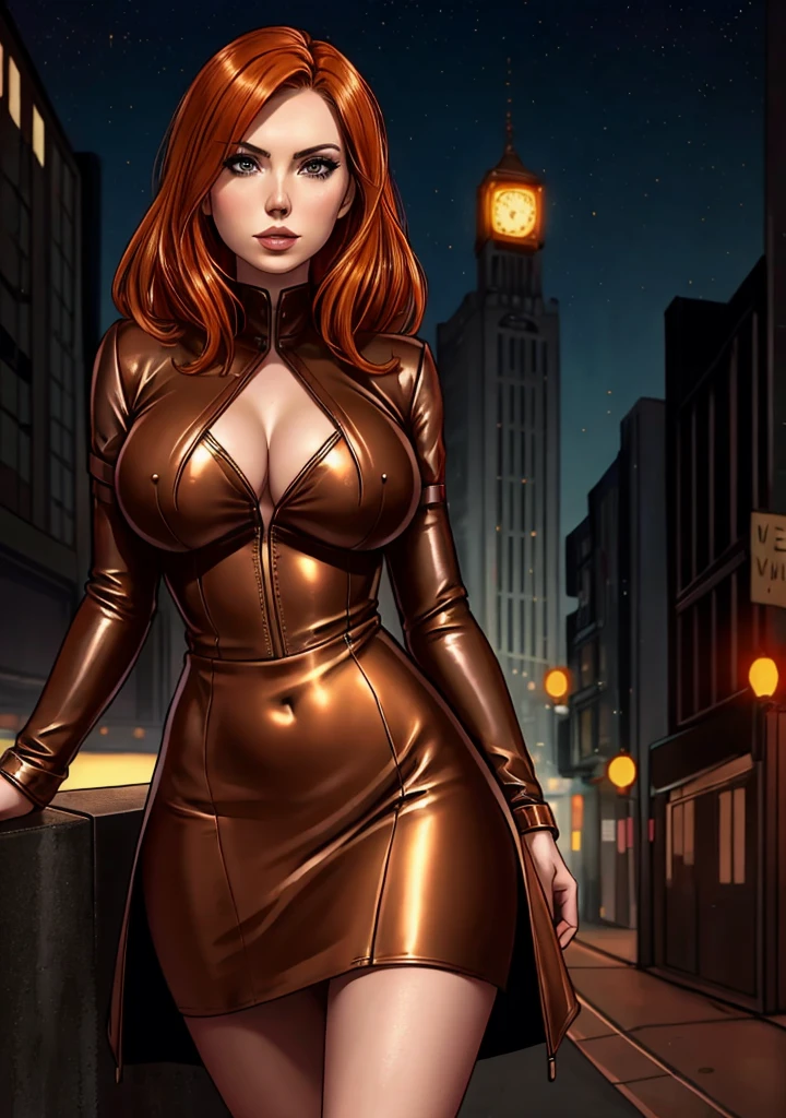 detailed Karen Gillan dress,leather,

copper hair,golden hair,night black hair,

urban setting
1girl, sexy 19 year old woman