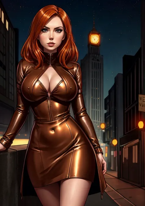 detailed Karen Gillan dress,leather,

copper hair,golden hair,night black hair,

urban setting
1girl, sexy 19 year old woman