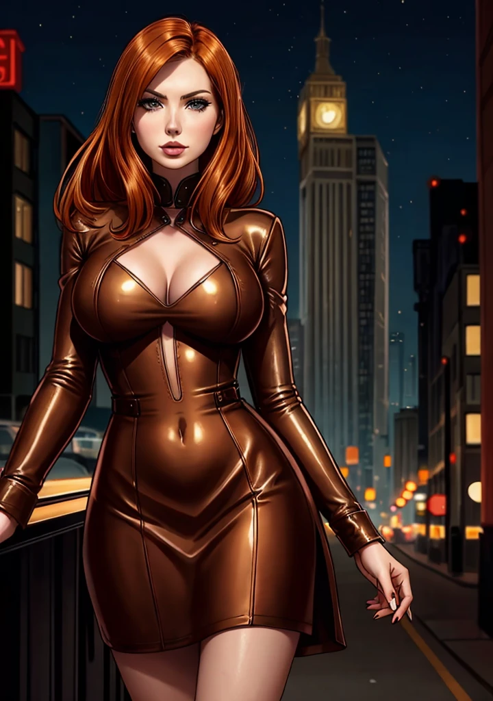 detailed Karen Gillan dress,leather,

copper hair,golden hair,night black hair,

urban setting
1girl, sexy 19 year old woman