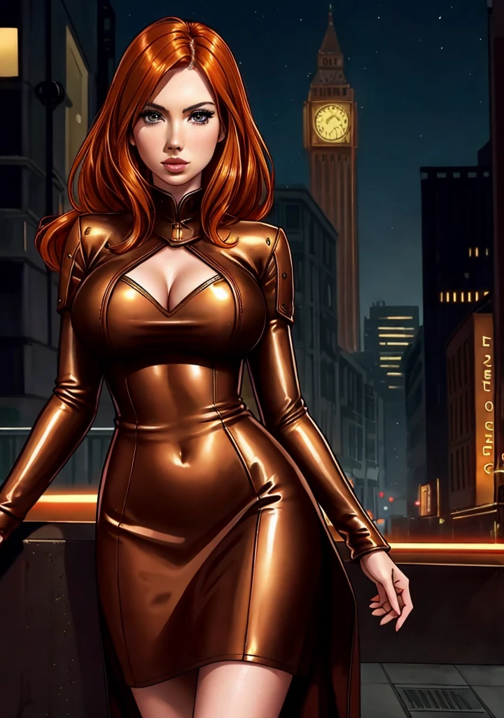 detailed Karen Gillan dress,leather,

copper hair,golden hair,night black hair,

urban setting
1girl, sexy 19 year old woman