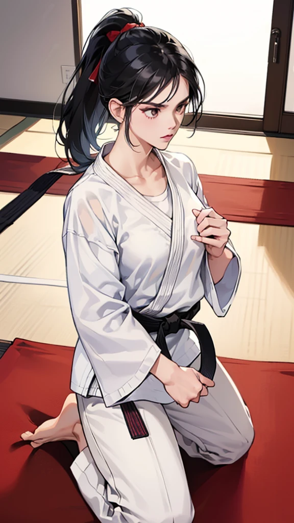 Slender female karateka　Mature Woman　((seiza))　Open chest　Karate Dojo　Black Hair　ponytail　((White T-shirt underneath the karate uniform))　clavicle　Black belt　sit　White pants,Loose, plain white clothing,　Loose white short-sleeved karate uniform　Décolletage　Open chest　karate gi