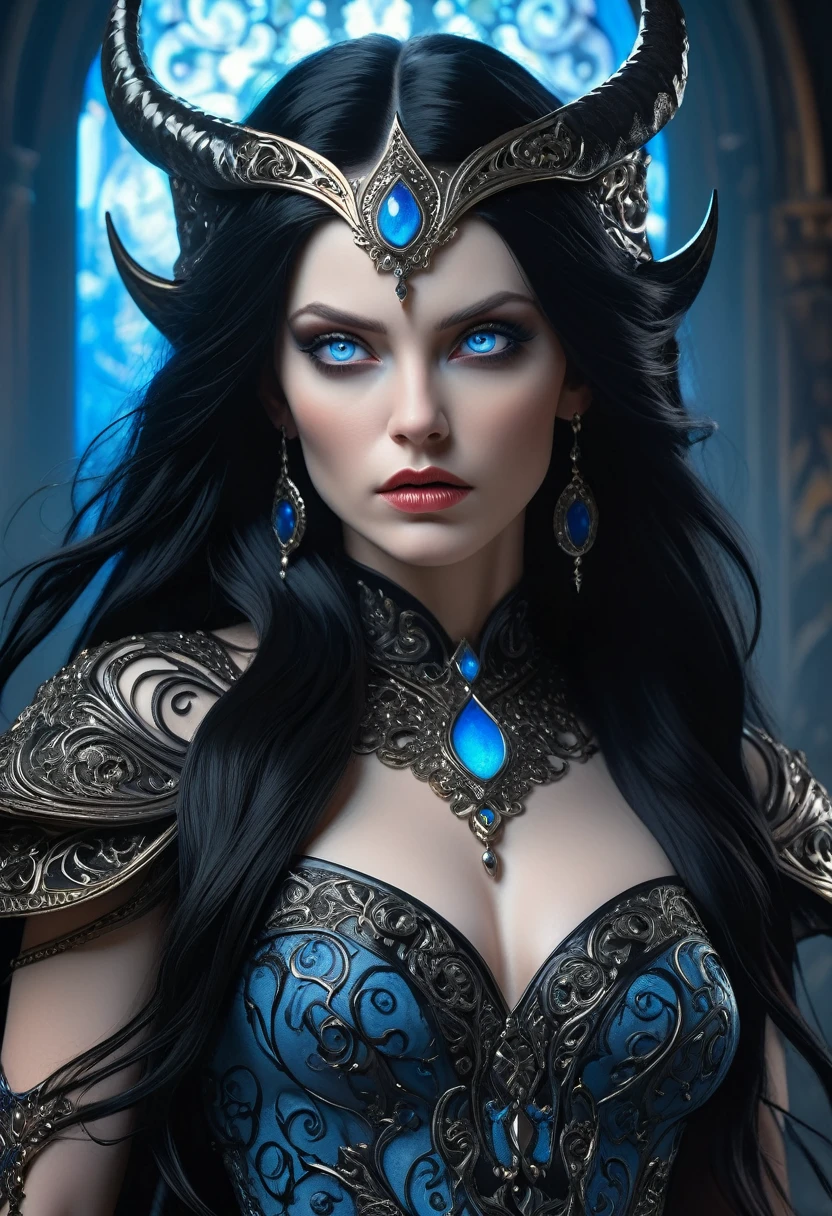 a beautiful demon queen with long black hair and piercing blue eyes, looking up with an intense gaze, highly detailed, masterpiece, best quality, photorealistic, 8k, cinematic lighting, dramatic shadows, fantasy, dark ethereal beauty, intricate ornate details, flowing black dress, porcelain skin, intense expression, mystical, powerful, alluring, Greg Rutkowski