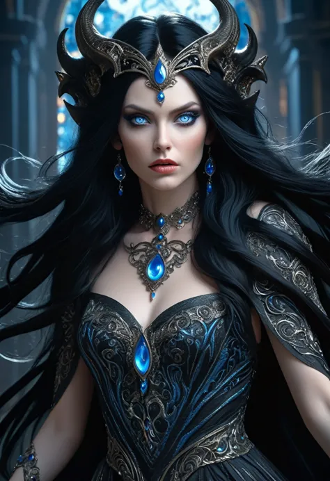 a beautiful demon queen with long black hair and piercing blue eyes, looking up with an intense gaze, highly detailed, masterpie...