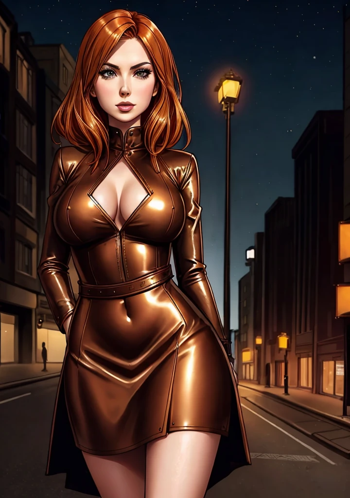 detailed Karen Gillan dress,leather,

copper hair,golden hair,night black hair,

urban setting
1girl, sexy 19 year old woman