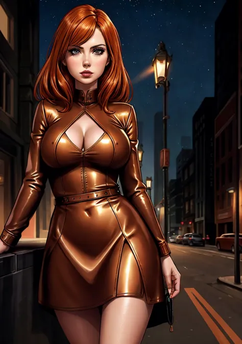 detailed Karen Gillan dress,leather,

copper hair,golden hair,night black hair,

urban setting
1girl, sexy 19 year old woman