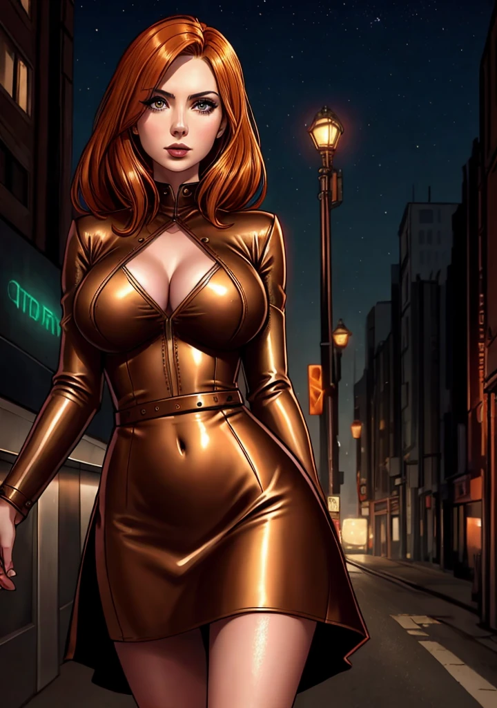 detailed Karen Gillan dress,leather,

copper hair,golden hair,night black hair,

urban setting
1girl, sexy 19 year old woman