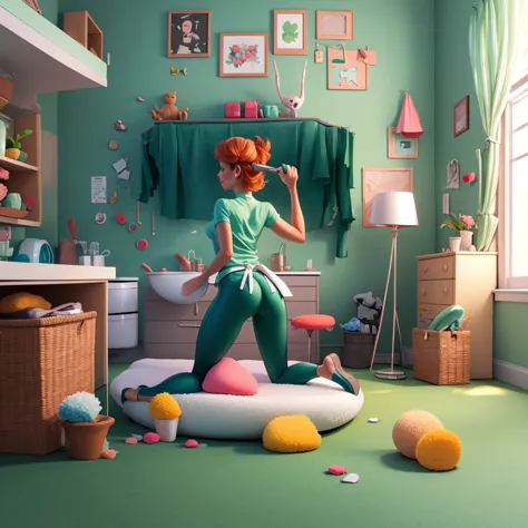 mom \(dexter's laboratory\), showing the ass, dark green leggings, in puppy pose, cleaning the floor with a sponge