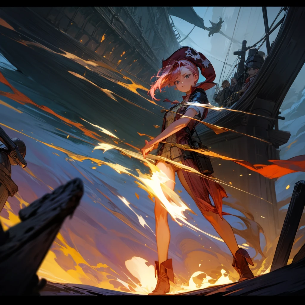 1girl, Full body version, 1character, girl version, black eyes, long Curly haircut, pink colour hair, ancient pirate style clothing, red colour clothing, long boots, Grassroots, background in sea, motion blur, (Hunter x Hunter style), sword Gladius in hang, pirate hat, pirate robe, smoke effect, aura effect, blue lighting, lightning sword, low angle view, fire, with ship pirates, normal gesture 