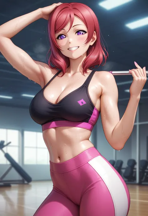 masterpiece, best quality, highres, nishikino maki,purple eyes,red hair, cowboy shot, pink skinny sweet pants, tight gym bra, sw...