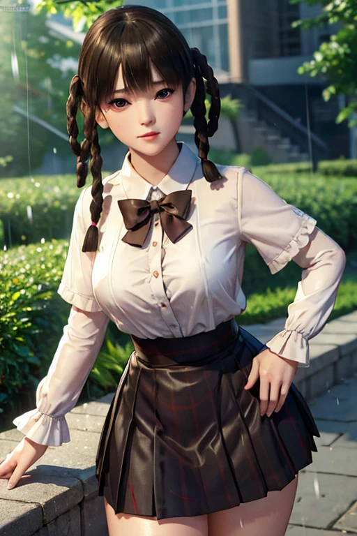 ((ultra detailed, masterpiece, absurdres)) DOALeiFang, 1girl, brown hair, brown eyes, twin braids, hair rings, portrait , steam , rain , plaid skirt , pleated skirt , Tight shirt , white Shirt , school girl , red bow , red knot ,