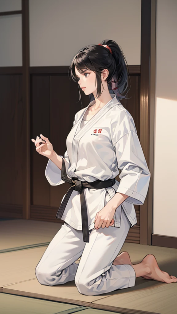 Slender female karateka　Mature Woman　((seiza))　Open chest　Karate Dojo　Black Hair　ponytail　((White T-shirt underneath the karate uniform))　clavicle　Black belt　sit　White pants,Loose, plain white clothing,　Loose white short-sleeved karate uniform　Décolletage　Open chest　karate gi