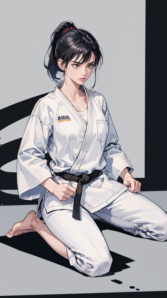 Slender female karateka　Mature Woman　((seiza))　Open chest　Karate Dojo　Black Hair　ponytail　((White T-shirt underneath the karate uniform))　clavicle　Black belt　sit　White pants,Loose, plain white clothing,　Loose white short-sleeved karate uniform　Décolletage　Open chest　karate gi