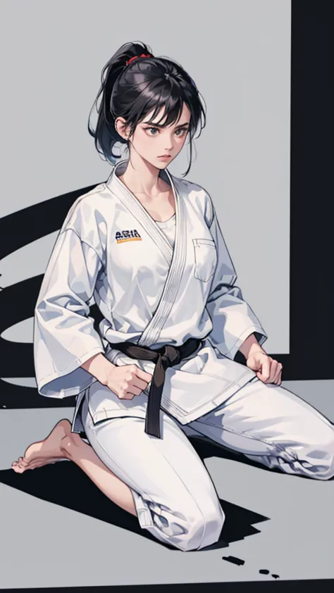 Slender female karateka　Mature Woman　((seiza))　Open chest　Karate Dojo　Black Hair　ponytail　((White T-shirt underneath the karate ...