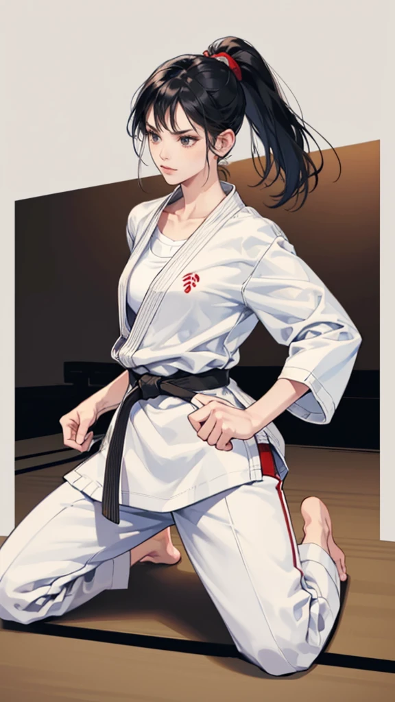 Slender female karateka　Mature Woman　((seiza))　Open chest　Karate Dojo　Black Hair　ponytail　((White T-shirt underneath the karate uniform))　clavicle　Black belt　sit　White pants,Loose, plain white clothing,　Loose white short-sleeved karate uniform　Décolletage　Open chest　karate gi