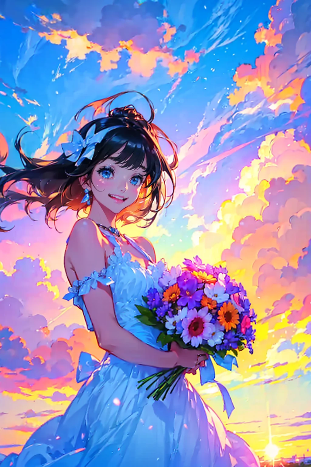 1fille,seulement,Mignon,sourire,tenir un bouquet magnifique,lever du soleil,Ciel brillant