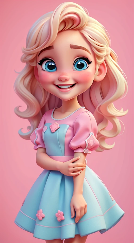 Baby girl cute chibi style, , , Tema estilosa, Linda, expressiva, Feliz, Sorriso lindo, bonito cabelos lisos, modelo profissional, Poses fofas, blonde, blue eyes, vivid color, blonde hair, pink dress, pink dress, white background
