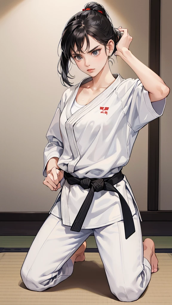 Karateka femenina delgada　mujer madura　((seiza))　pecho abierto　Dojo de Karate　pelo negro　cola de caballo　((Camiseta blanca debajo del uniforme de karate.))　clavicle　cinta negra　sentarse　pantalones blancos,Una derrota, Manga corta, prenda blanca lisa,　Loose white Manga corta karate uniform　Torneado　pecho abierto　karate gi