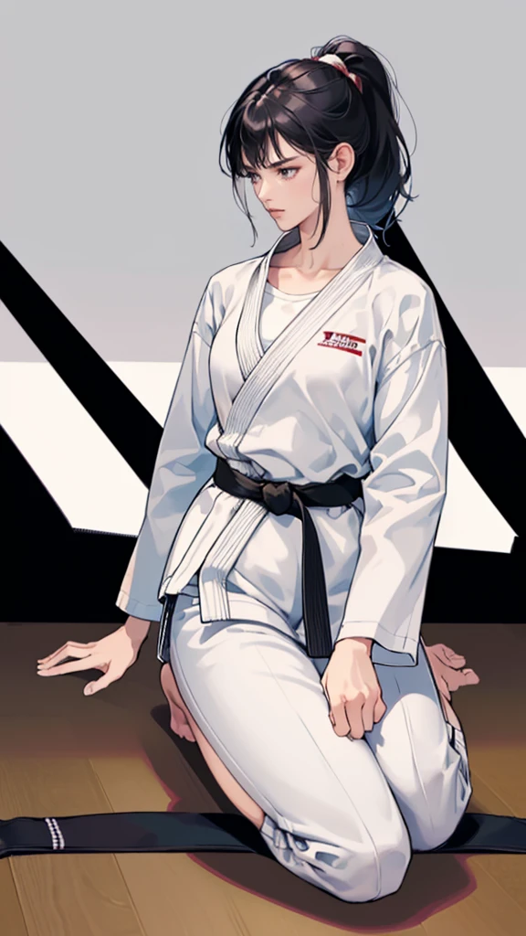 ((Highest quality)), ((masterpiece)), (detailed)　Slender female karateka　Mature Woman　((seiza))　Open chest　Karate Dojo　Black Hair　ponytail　((White T-shirt underneath the karate uniform))　clavicle　Black belt　sit　White pants,A loose, short-sleeved, plain white garment,　Loose white short-sleeved karate uniform　Décolletage　Open chest　karate gi