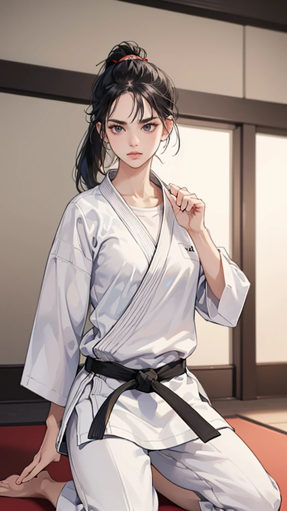 ((Highest quality)), ((masterpiece)), (detailed)　Slender female karateka　Mature Woman　((seiza))　Open chest　Karate Dojo　Black Hair　ponytail　((White T-shirt underneath the karate uniform))　clavicle　Black belt　sit　White pants,A loose, short-sleeved, plain white garment,　Loose white short-sleeved karate uniform　Décolletage　Open chest　karate gi