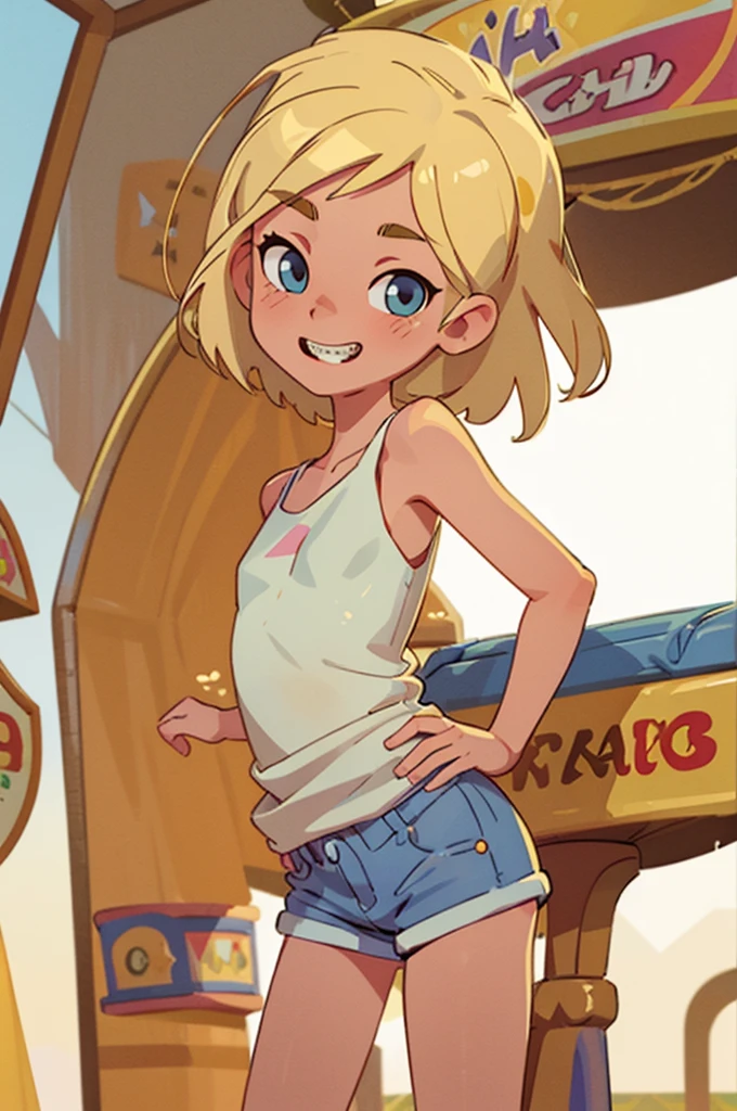 masterpiece, extremly detailed, (beautiful detailed glow), 1 teen girl, super sexy, blonde hair, braces on teeth, small breast, small tight ass, very skinny, wearing white tank top and very short white shorts, standing in line for carnival rides