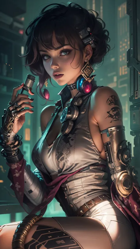 In a dimly lit, smoky cyberpunk club, a femme fatale cyborg sits solo, her mechanical joints gleaming in the flickering light. H...