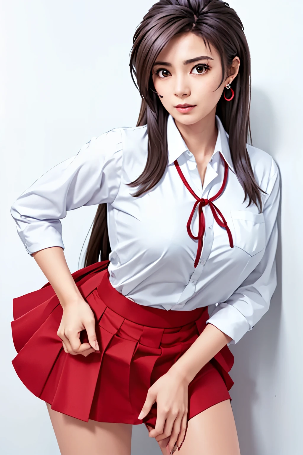 tall, hands on crotch, a full-body shot, long legs, largr breast,earrings,mini skirt,masterpiece, best quality, long hair, standing,Simple White Background, mio serizawa, long sleeves,red ribbon,white shirt, vest, beauty face