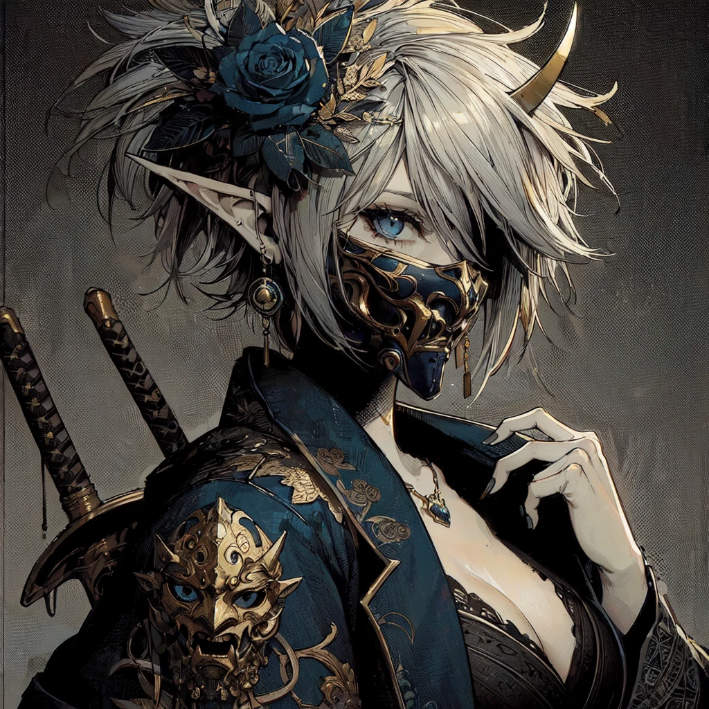 Handsome elf dressed as a vintage assassin, dark gray background, blue and gold details, 1 girl, White hair, short tail, [[dirty hair]], wearing a mask They, ArtStation, hyper-detailed, beautiful lighting, ArtStation by James Jean, Moebius, Greg Rutkowski, Alfonso Mucha, hyper-detailed