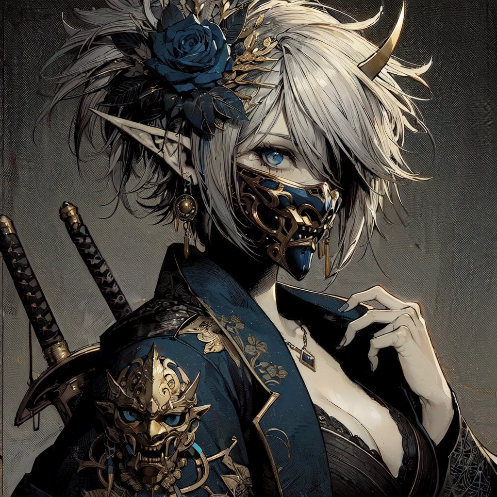 Handsome elf dressed as a vintage assassin, dark gray background, blue and gold details, 1 girl, White hair, short tail, [[dirty hair]], wearing a mask They, ArtStation, hyper-detailed, beautiful lighting, ArtStation by James Jean, Moebius, Greg Rutkowski, Alfonso Mucha, hyper-detailed