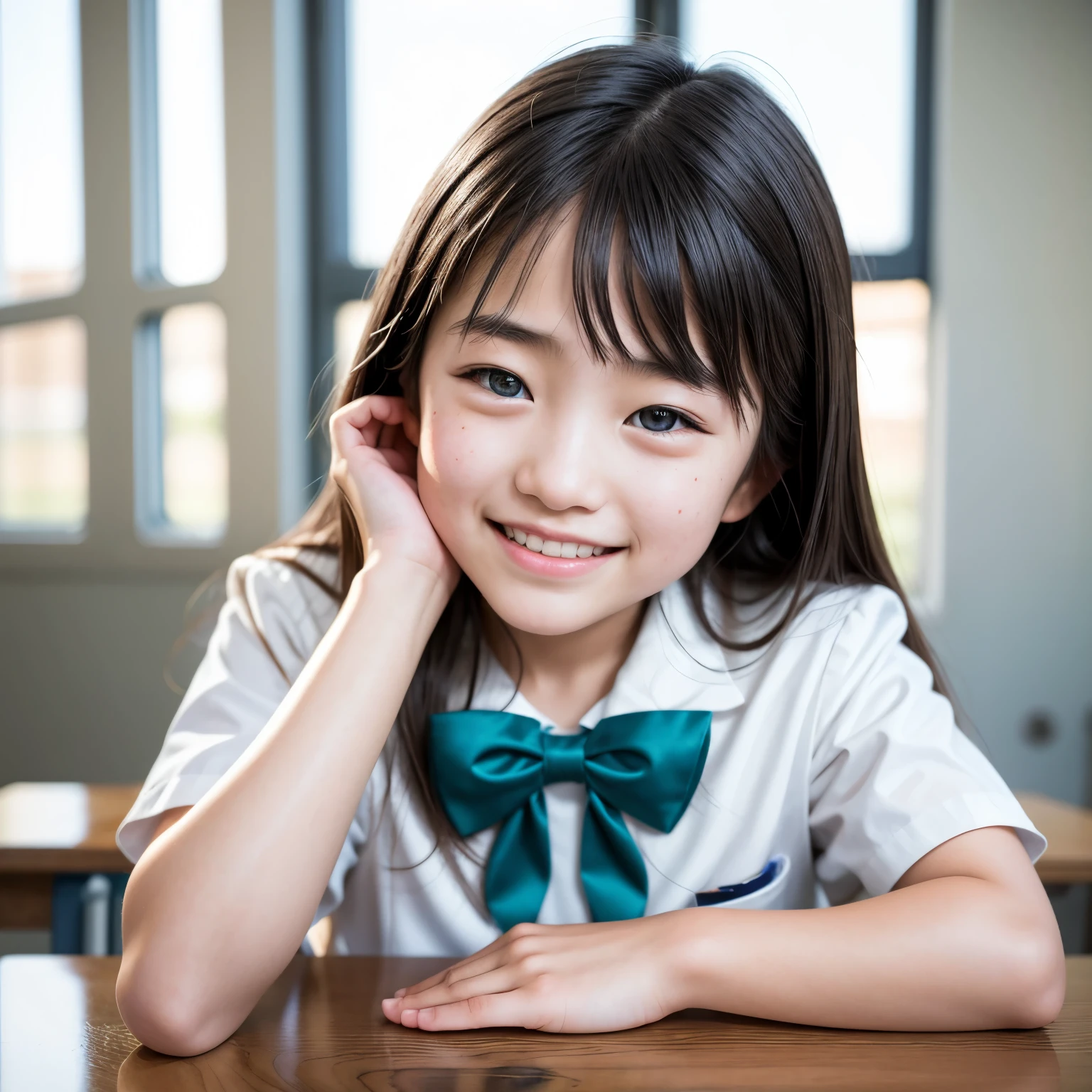 lens: 135mm f1.8, (Highest quality),(RAW Photos), (Tabletop:1.1), (Beautiful 13 year old Japanese girl), Cute face, (Deeply chiseled face:0.7), (freckles:0.4), Speckled sunlight, Dramatic lighting, (uniform), (In the classroom), shy, (Close-up shot:1.2), (smile)