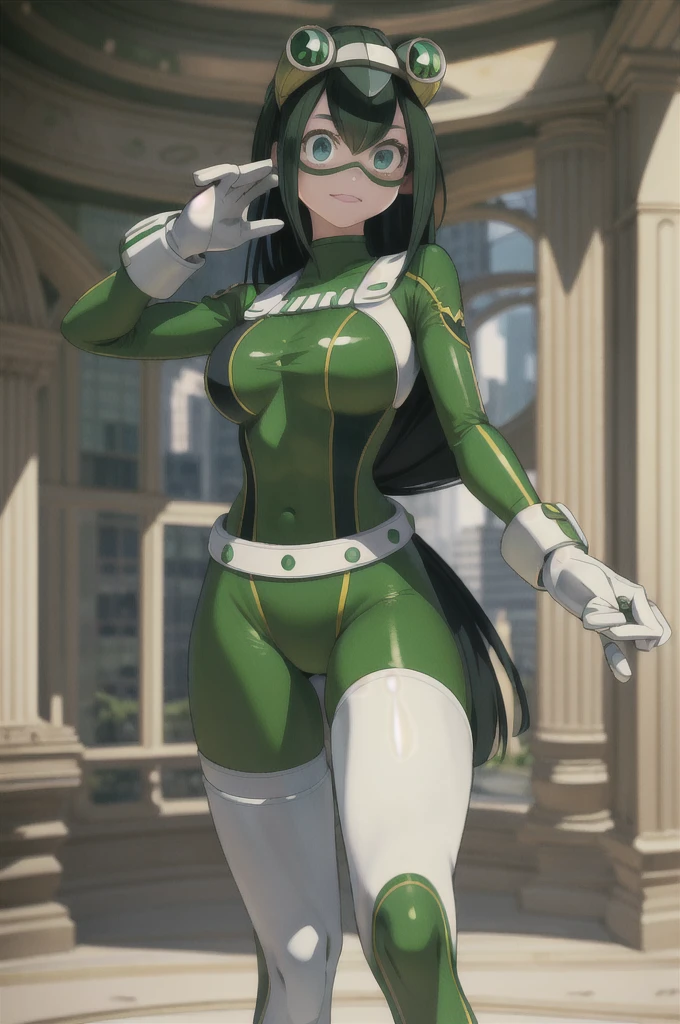 (masterpiece, best quality;1.3), extremely detailed ,ultra-detailed, 1girl, solo,  looking at the viewer, detailed skin,  crawling, full body, standing, asui tsuyu, low-tied long hair, :p, white gloves, green bodysuit, hair rings, goggles, city, extra large breasts