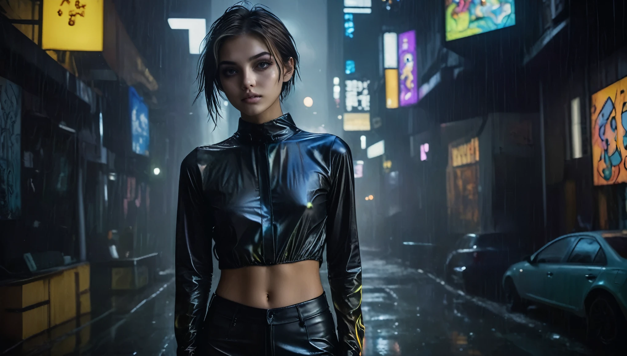 Top Quality, Masterpiece, High Resolution, 8k, full body shot, wide view, (((skinny girl in a wide opened oversize polyester blouse and wetlook leggings, wide neckline, deep neckline, beautiful detailed eyes, small closed mouth, extremely detailed face, long pixie asymmetrical hair style, small hips, at night, dim lighting, look behind, cyberpunk, tatoo, neon))) 