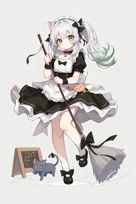 anime character with a broom and a cat on a white background, anime girl in a maid costume, anime cat girl in a maid costume, ma...