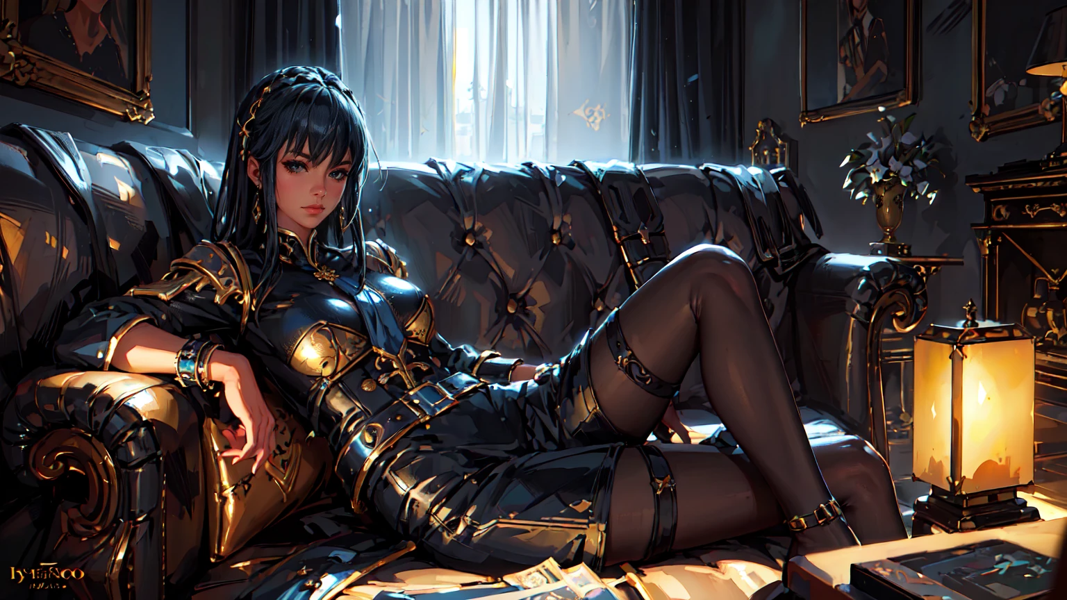 (Masterpiece, Best Quality, Ultra High Resolution , Digital Art,Beautiful and Aesthetic )Perfect proportions of the body . ELLEN JOE from zenless zone zero . The character sits on a large massive leather sofa , an atmospheric pose ,2.5D style . realistic anatomy , beautiful perspective , pastel color , focus on the face.in the background is a Venetian dark style room (In the image of vintage style, blue and gold details, ArtStation, hyper-detailed, beautiful lighting, )