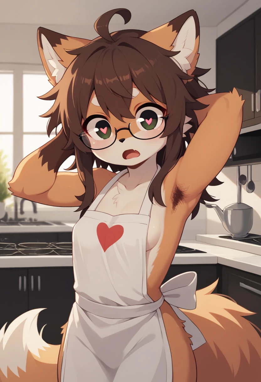 Best Quality,better resolution,(fluffy hairy antrum :1.6),(YOUNG :1.6),fox girl,long dark brown hair,wavy fur,messy hair,small breasts,White skin,white body coat,white fox tail,glasses,naked apron,Beautiful kitchen,romantic light,looking at the viewer,Surprise face,Open mouth,heart eyes,heart expression eyes,front view,armpit skin