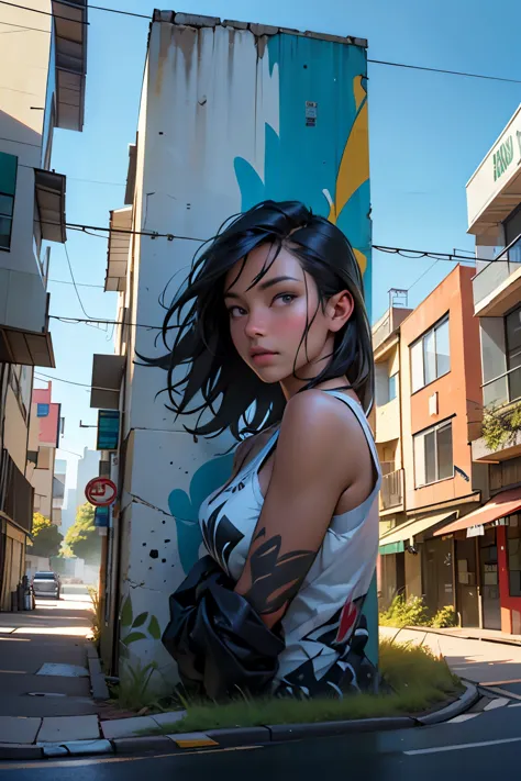 a mix of vintage street art and nature, retro urban and natural elements combined, graffiti-style artwork on a natural landscape...