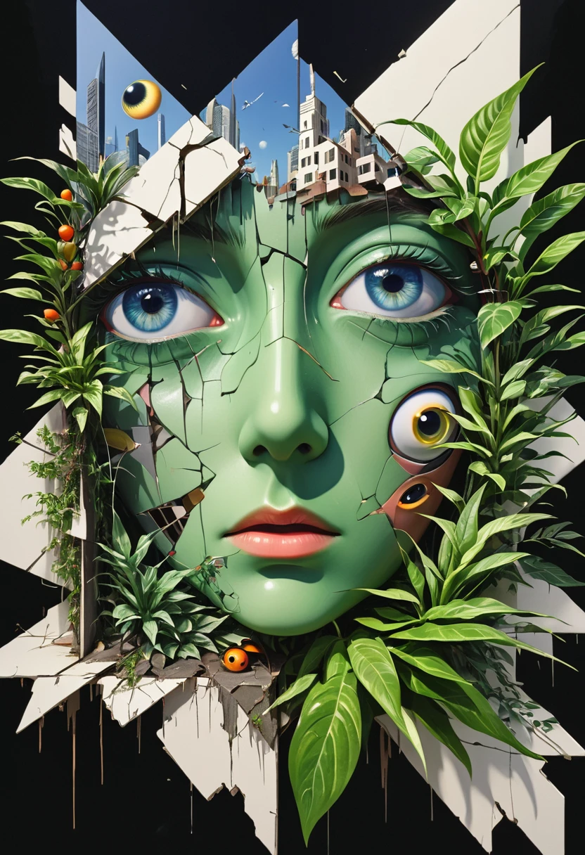 dadaist,Eye,Distorted faces,Deconstruction，Eye上的建筑，plant，Splicing，3D space