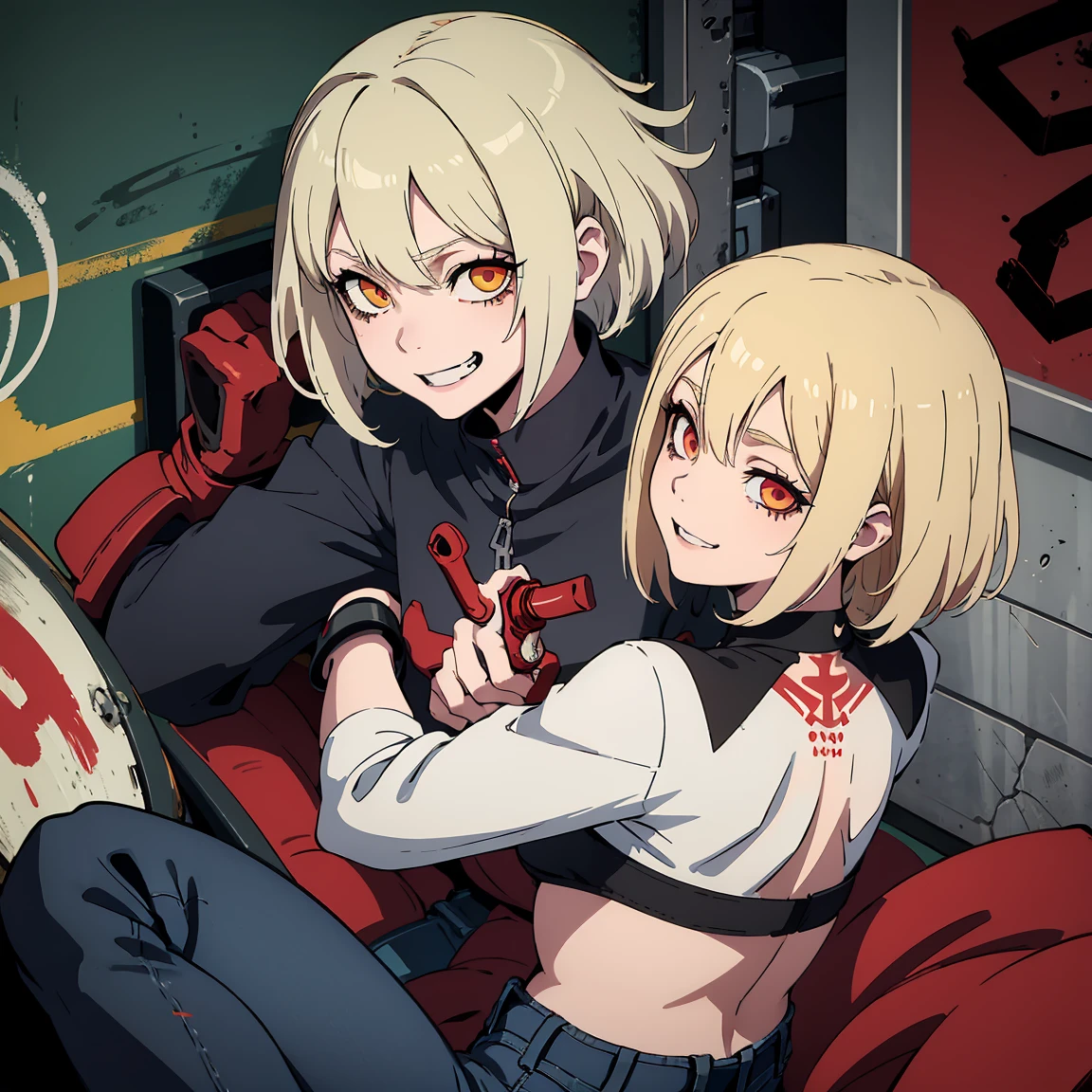 Anime girl, Short blonde hair with red highlights, Pointed teeth, macabre smile, black shirt with print, Jeans, personalized machine gun, white wall, Graffiti, Yellow and red green paint.