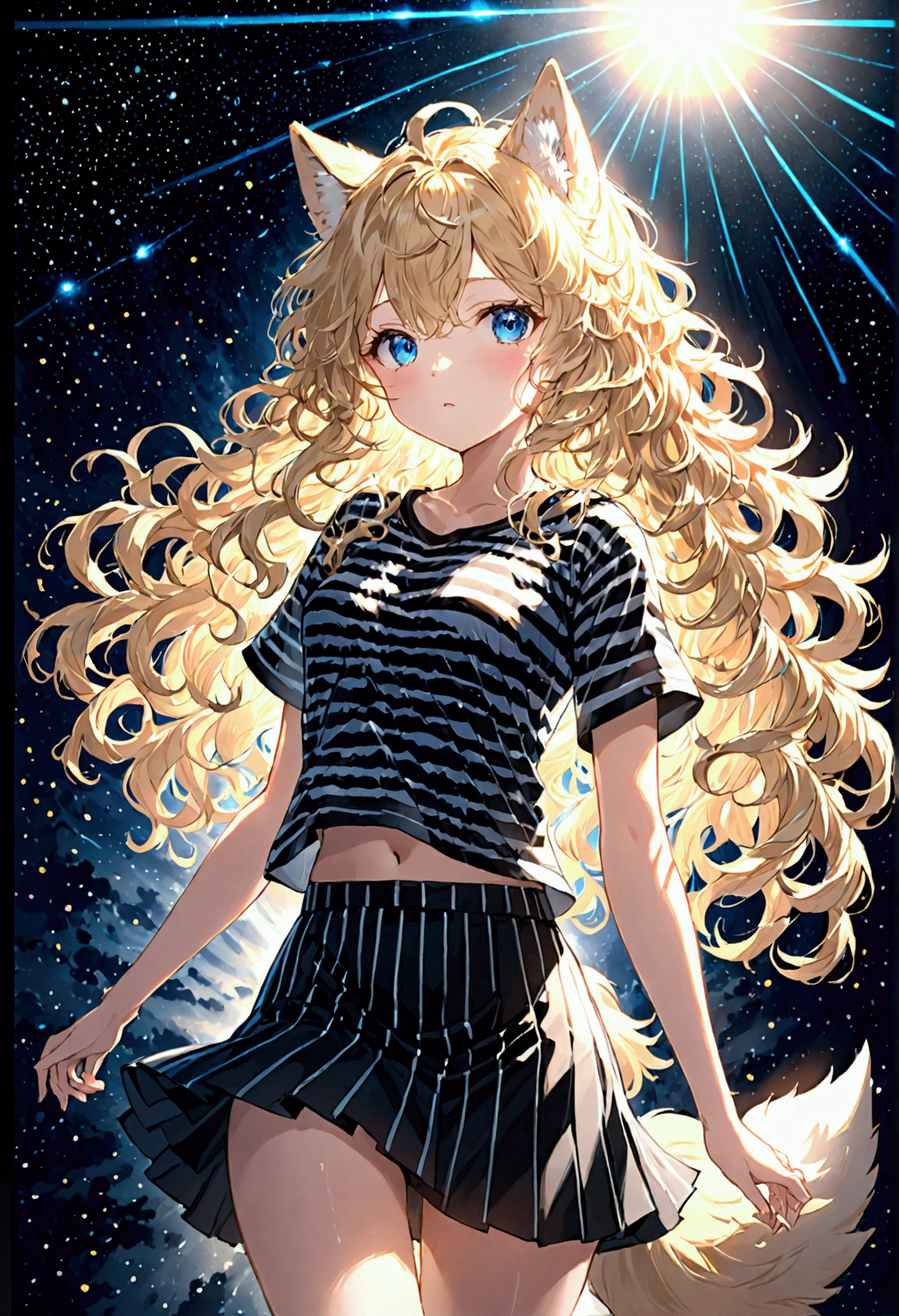 masterpiece, Highest quality, Wolf Girl, elegant, One girl, Wolf Ear, Wolf's tail, cute, Blushed, View your viewers, From above, Blonde wavy hair, mini skirt, black and white striped t-shirt, blue eyes, Beautiful Eyes, Beautiful background, Particles of light, Light of the sun, Dramatic lighting, outside, Shiny, Realistic, masterpiece, Highest quality, ultra-detailed, detailed, scenery, beautiful detailed eyes, detailed hair