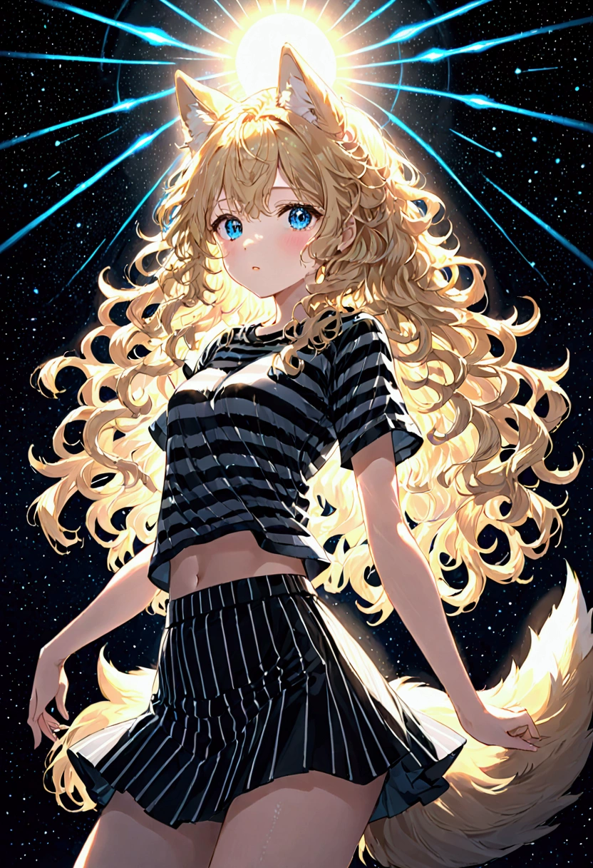 masterpiece, Highest quality, Wolf Girl, elegant, One girl, Wolf Ear, Wolf's tail, cute, Blushed, View your viewers, From above, Blonde wavy hair, mini skirt, black and white striped t-shirt, blue eyes, Beautiful Eyes, Beautiful background, Particles of light, Light of the sun, Dramatic lighting, outside, Shiny, Realistic, masterpiece, Highest quality, ultra-detailed, detailed, scenery, beautiful detailed eyes, detailed hair