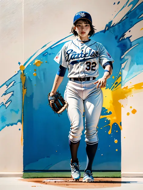 (best quality, watercolor painting, colorful, sharp focus), (full body, wide angle shot), (1 cute japanese girl), ((baseball ath...