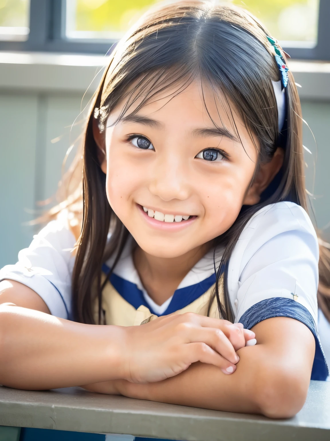 lens: 135mm f1.8, (Highest quality),(RAW Photos), (Tabletop:1.1), (Beautiful 9 year old Japanese girl), Cute face, (Deeply chiseled face:0.7), (freckles:0.4), dappled sunlight, Dramatic lighting, (Japanese School Uniform), (In the classroom), shy, (Close-up shot:1.2), (smile), (sunlight)