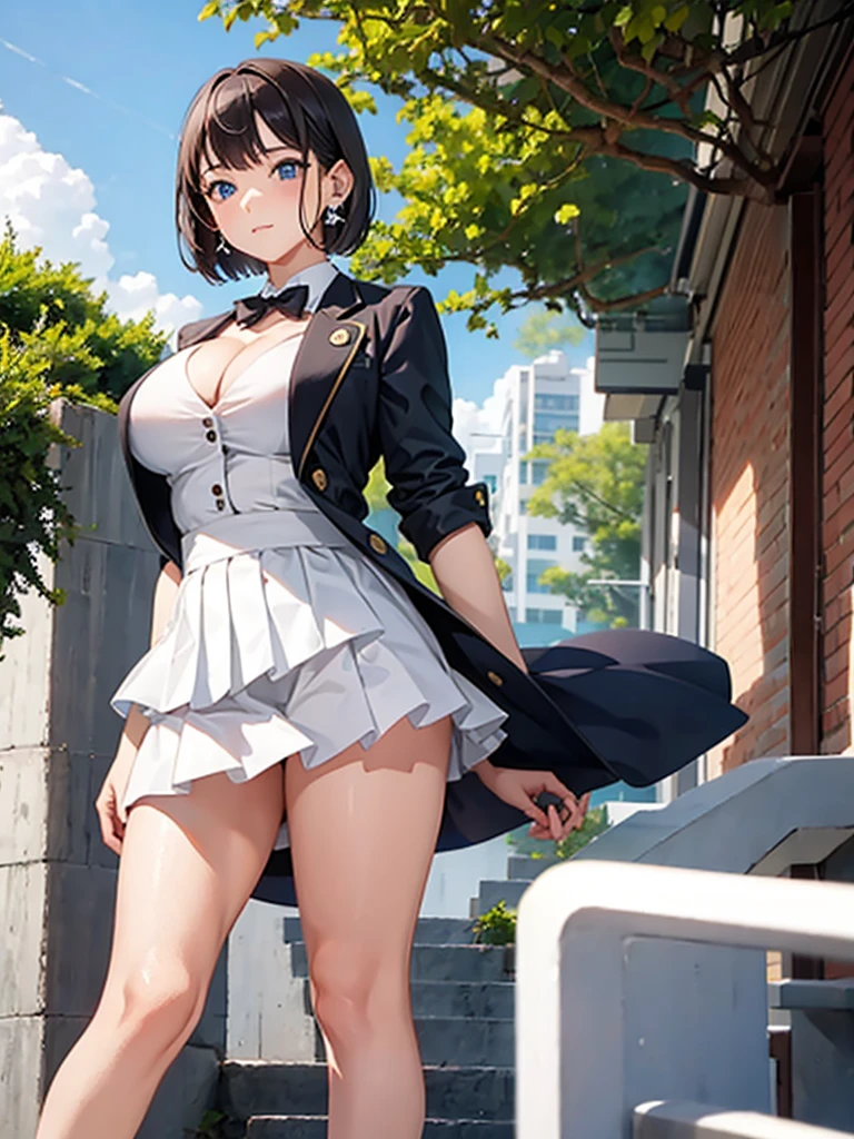 1girl, short hair, pretty face, whitening makeup, blazer uniform, summer clothes, big breasts, short sleeves, piercings, cleavage, tight skirt