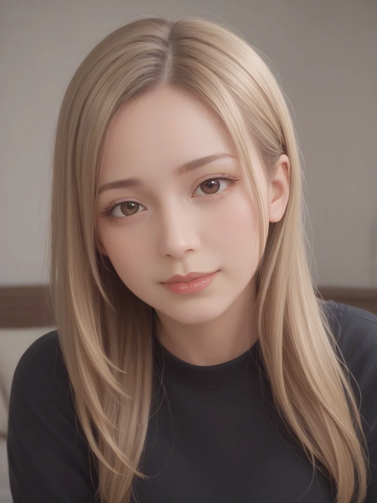 A beautiful 25-year-old Korean woman with long blonde hair and bangs, wearing a black sweater, looking at the viewer with a slight smile, realistic, photorealistic, photo, highly detailed skin and face, brown eyes, nose, and lips, portrait, (best quality, 4k, 8k, highres, masterpiece:1.2), ultra-detailed, (realistic, photorealistic, photo-realistic:1.37), HDR, UHD, studio lighting, ultra-fine painting, sharp focus, physically-based rendering, extreme detail description, professional, vivid colors, bokeh, 