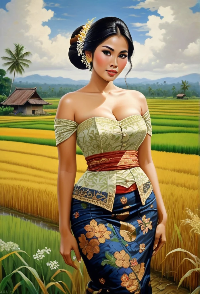 Hermosa campesina javanesa tetona con un vestido kebaya de brocado y una falda larga de batik, peinado de moño simple con pequeñas flores hermosas en el cabello, fondo de campo de arroz increíblemente detallado e intrincado, pintura al oleo sobre lienzo, estilo realista, fuertemente influenciado por el estilo de pincelada fotorrealista de Don Lawrence, cofre enorme, pechos grandes, no es bueno, pezones resaltados, Desnudo desnudo, sexy gordita, ropa abierta, Pechos grandes que sobresalen 