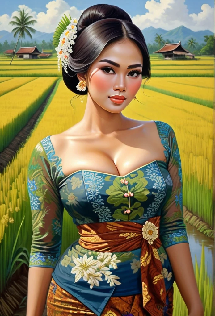 beautiful busty javanese peasant woman donning a brocade kebaya dress and batik long skirt, simple bun hairdo with small beautiful flowers in her hair, insanely detailed and intricate rice field background, oil on canvas painting, realistic style, heavily influenced by Don Lawrence photorealistic brush stroke style, huge chest, large breast, no bra, nipples standing out, nude naked, sexy Plump, Open clothes, big breasts sticking out 