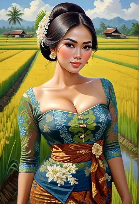 beautiful busty javanese peasant woman donning a brocade kebaya dress and batik long skirt, simple bun hairdo with small beautif...