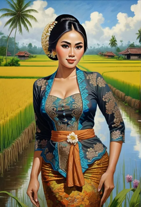 beautiful busty javanese peasant woman donning a brocade kebaya dress and batik long skirt, simple bun hairdo with small beautif...