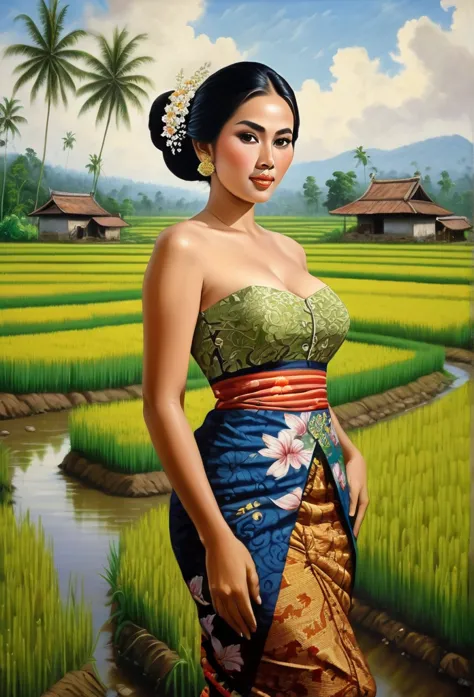 beautiful busty javanese peasant woman donning a brocade kebaya dress and batik long skirt, simple bun hairdo with small beautif...