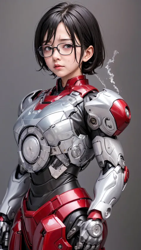 Highest quality　8k Iron Man Suit Girl　Kindergarten girl　Sweaty face　cute　short hair　boyish　Steam coming out of my head　My hair i...