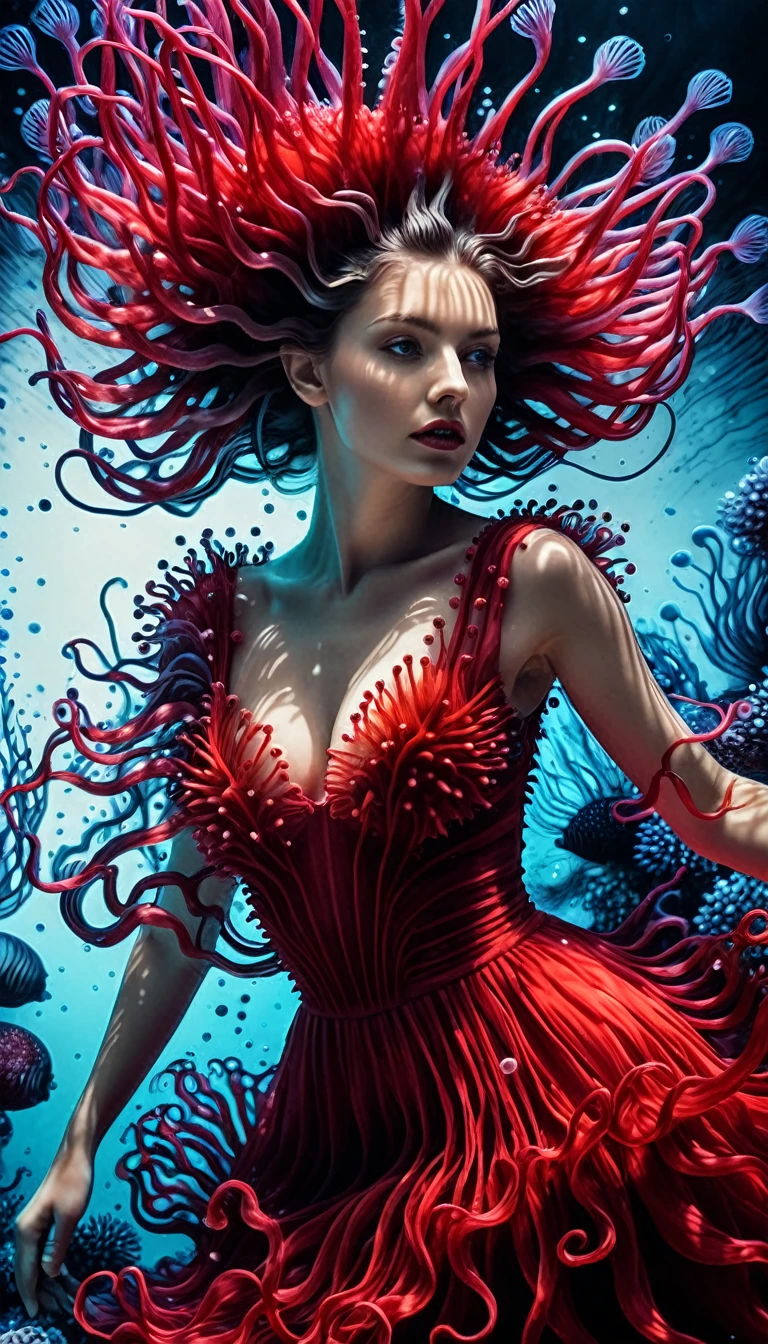 uma modelo, hyper realista faces, Deusa, ela está vestindo um lindo vestido longo e fluido vermelho vibrante feito inteiramente de ouriços-do-mar do Mar Vermelho e tentáculos de anêmona, fotografia de retrato altamente detalhada com profundidade de campo, tinta corporal girando arte da tinta exposição ral, dispersão subterrânea, Photorealista, Hyperrealista, estilo analógico, realista, fotografia de filme, iluminação suave, sombra pesada